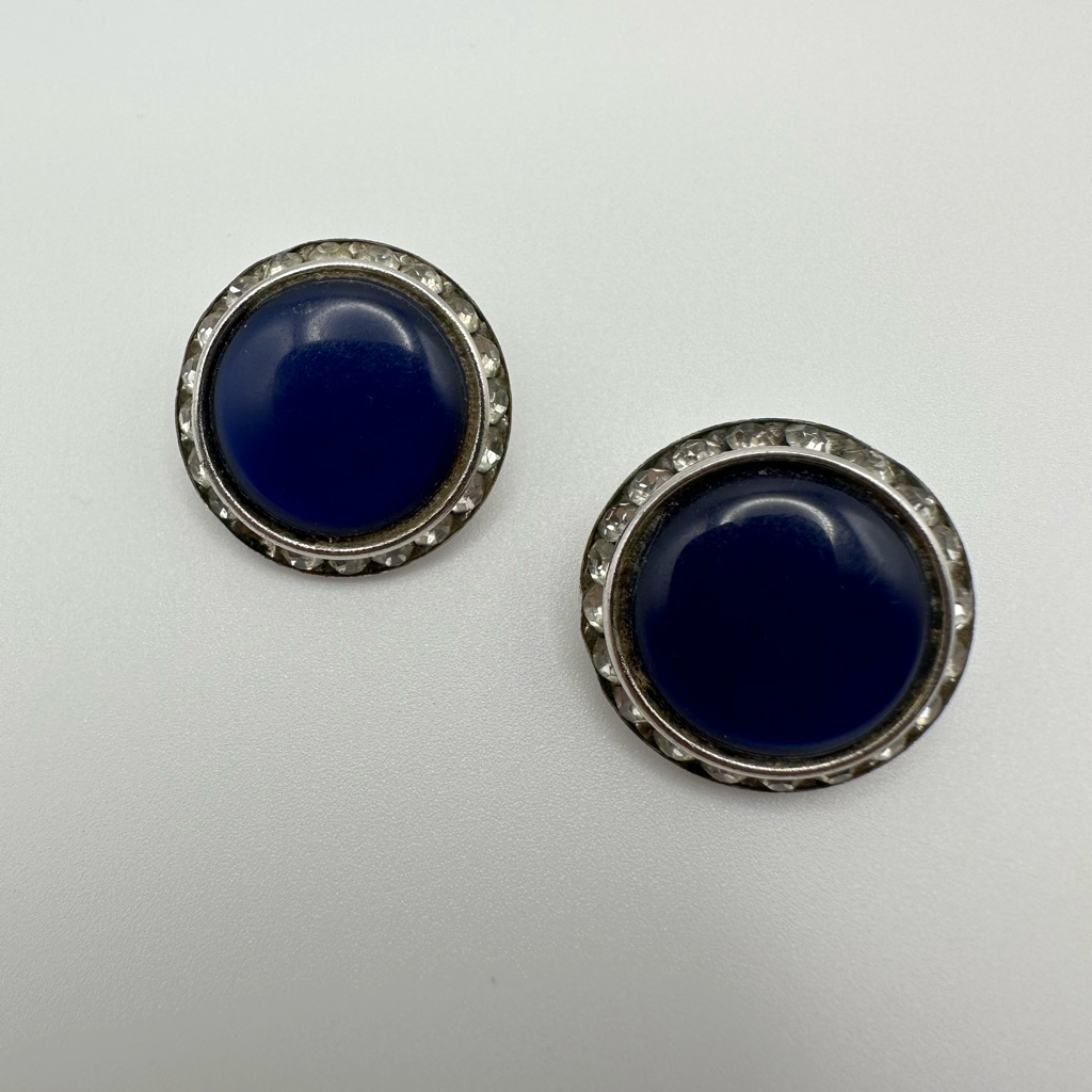 Vintage Signed Lisner Silver Tone With Blue Stone Clip Earrings